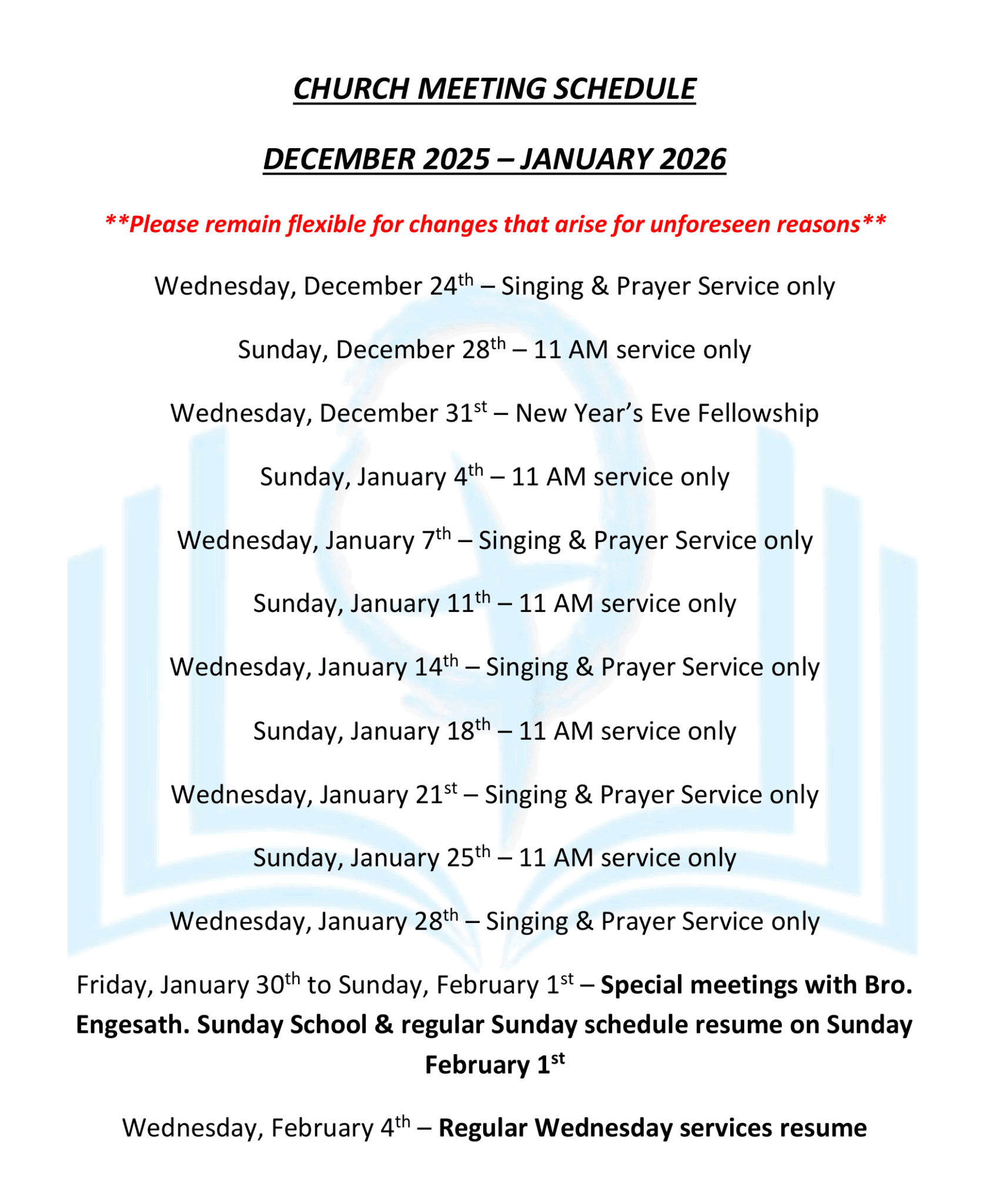 QBBC Holiday Meeting Schedule 2025-2026
